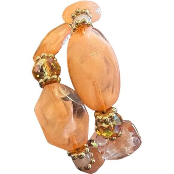 Elegant Peach Resin Beaded Stretch Bracelet With Crystals & Gold Tone Accents - Picture 3 of 5